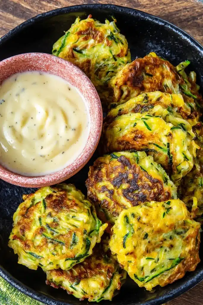 4-Ingredient Zucchini Fritters: Quick, Crispy & Absolutely Delicious 8 Golden zucchini fritters served in a black bowl with a creamy dipping sauce, arranged on a rustic wooden table, ready to enjoy.