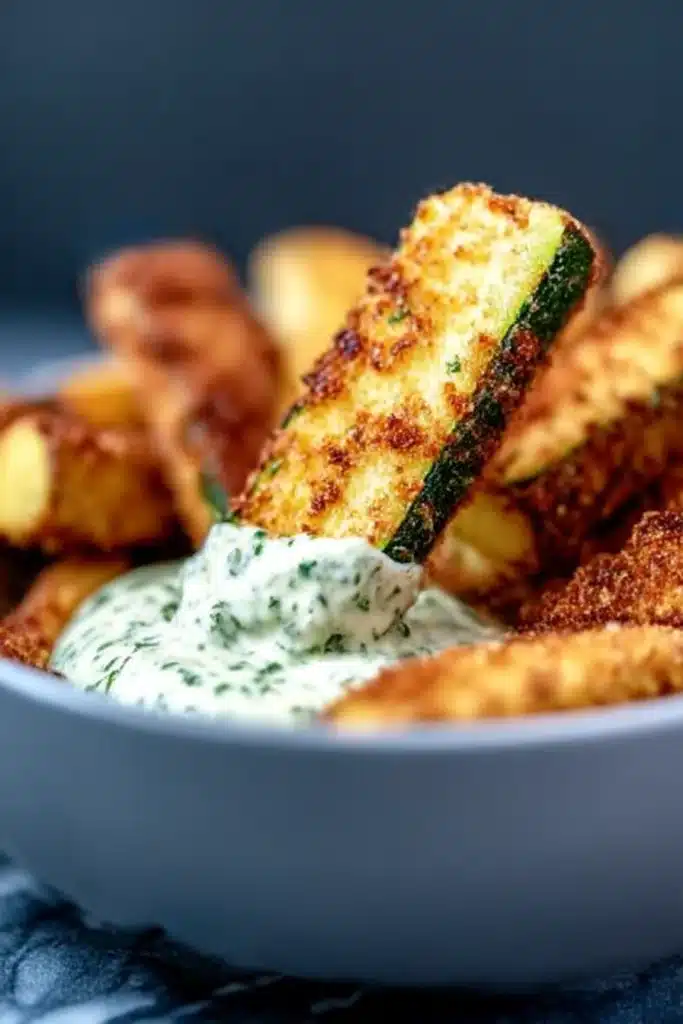 Air Fryer Zucchini Fries: Crispy, Cheesy & Guilt-Free 5 Crispy air fryer zucchini fry dipped in herb sauce with a golden breadcrumb crust