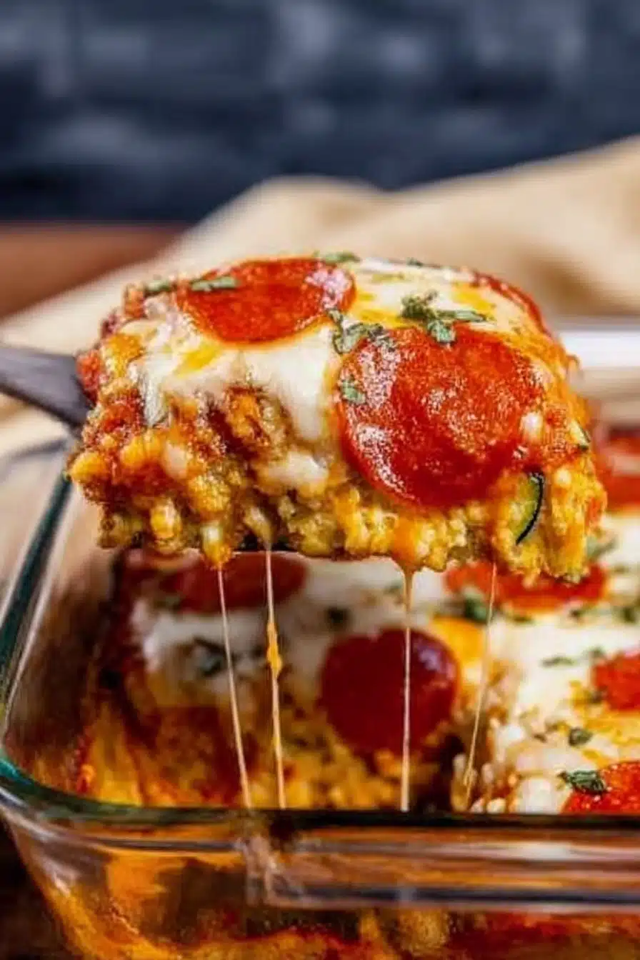 Cheesy zucchini pizza casserole slice being served from a baking dish, topped with melted mozzarella and crispy pepperoni.