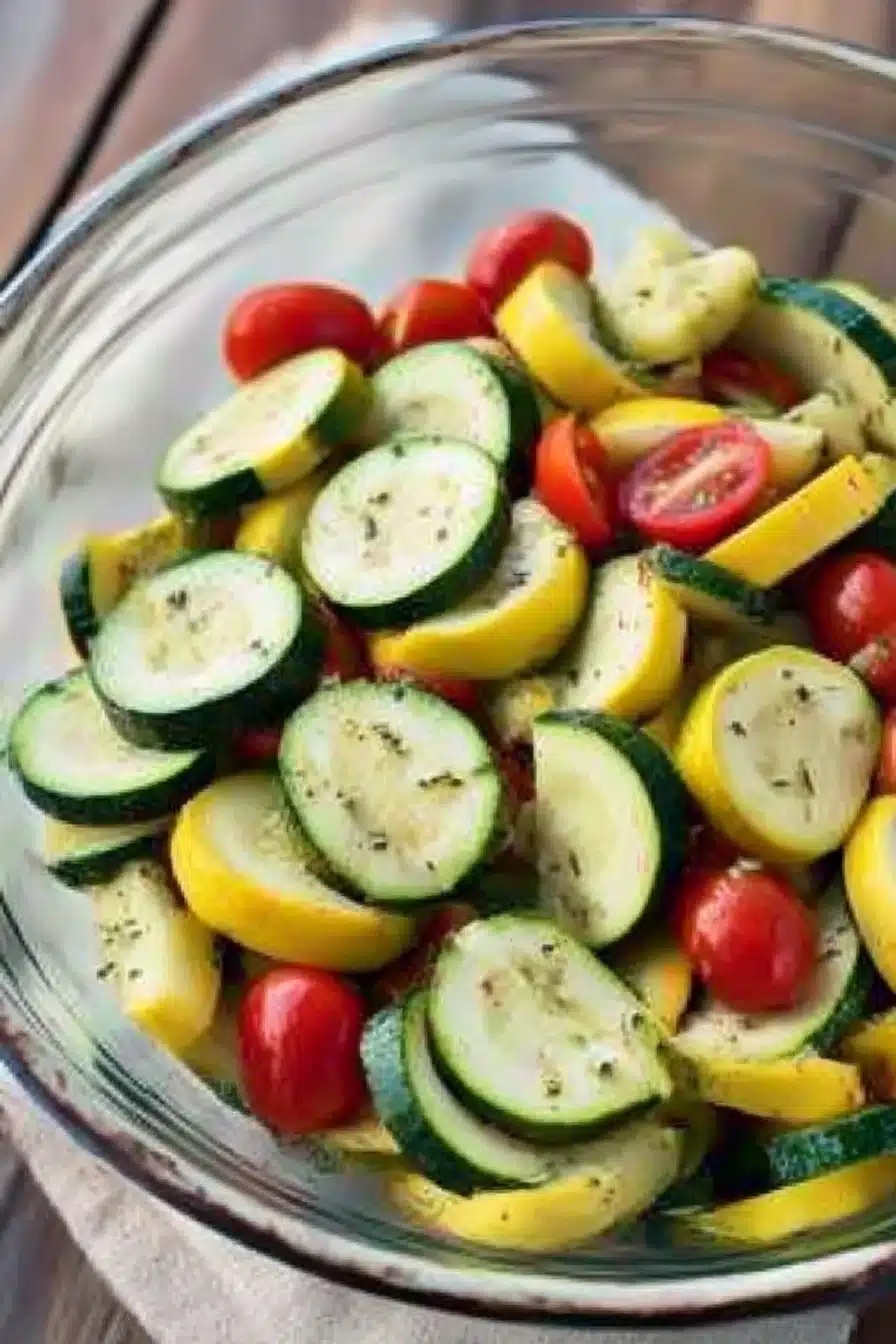 Fresh zucchini and summer squash salad with cherry tomatoes and herbs in a bowl