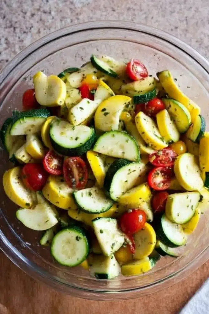 Zucchini And Summer Squash Salad with Herby Vinaigrette 4 Overhead view of zucchini and summer squash salad with cherry tomatoes in a glass bowl