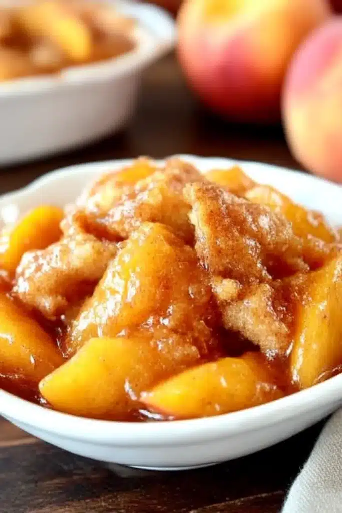 Baked peach cobbler in a white bowl showing juicy peaches and golden biscuit topping with cinnamon glaze

