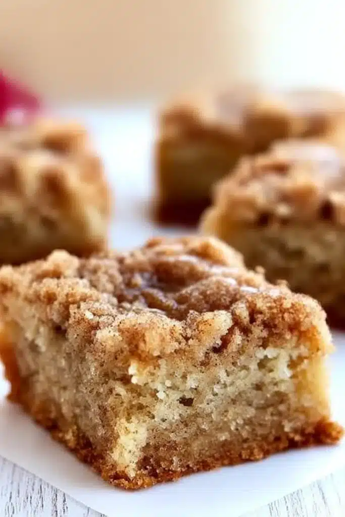 Banana Crumb Coffee Cake – Sweet, Moist & Easy to Make 10 Close-up of banana crumb coffee cake showing soft banana center and golden cinnamon crumb on white parchment.