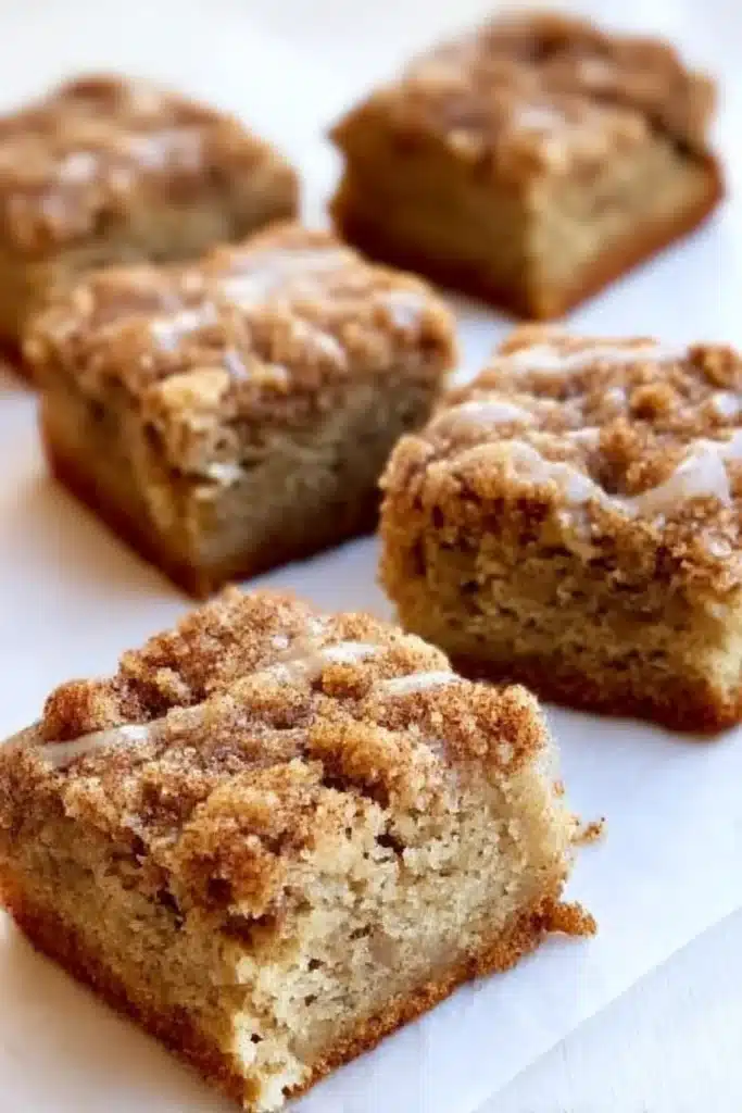 Golden brown banana crumb coffee cake bars scattered on a white surface, with crisp cinnamon topping and soft banana cake layers.

