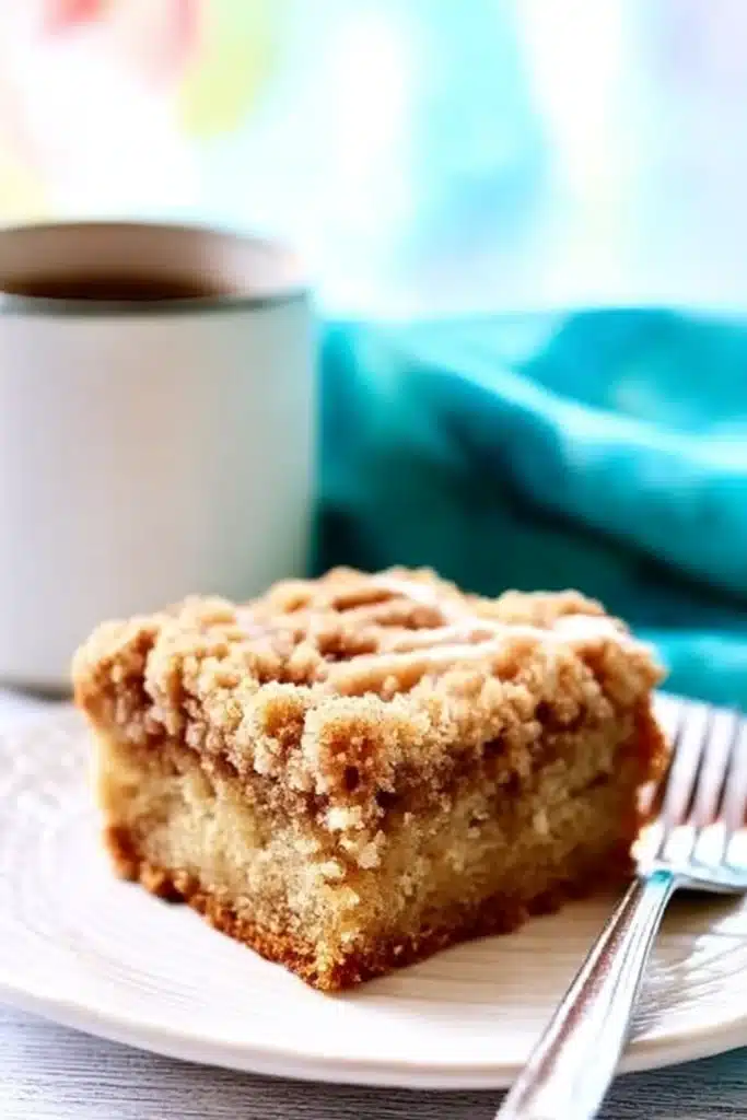 Banana Crumb Coffee Cake – Sweet, Moist & Easy to Make 11 Banana crumb coffee cake slice on a white plate with a white coffee mug, styled on a white rustic table in natural light.