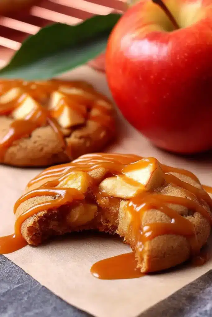 Caramel Apple Cookies – Soft, Chewy & Amazingly Good Fall Treat 11 Bitten caramel apple cookie with gooey caramel drizzle and fresh apple on parchment