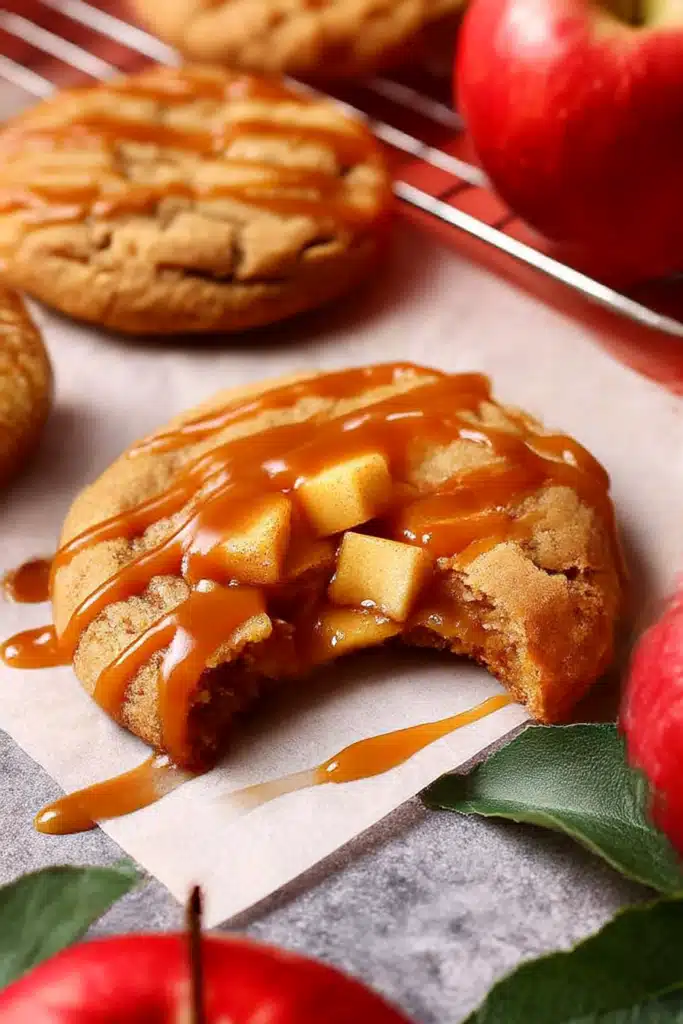 Close-up of caramel apple cookies with drizzled caramel and fresh apples on parchment