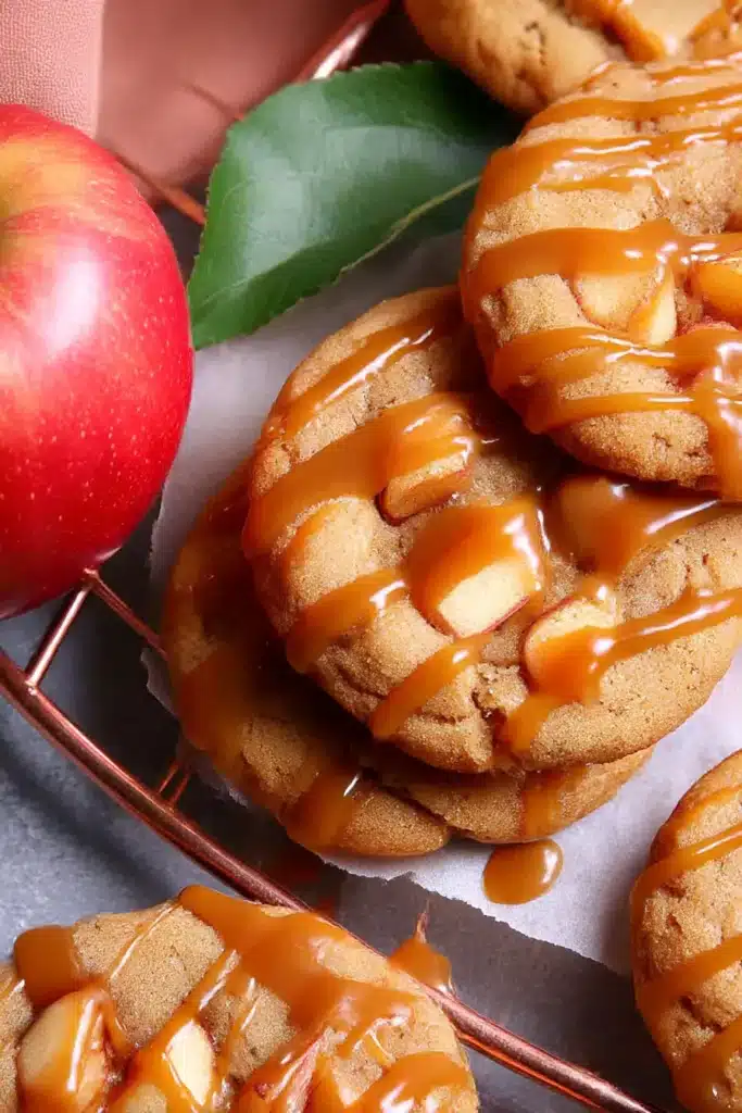 Close-up of caramel apple cookies stacked with gooey caramel and apple chunks on a copper rack

