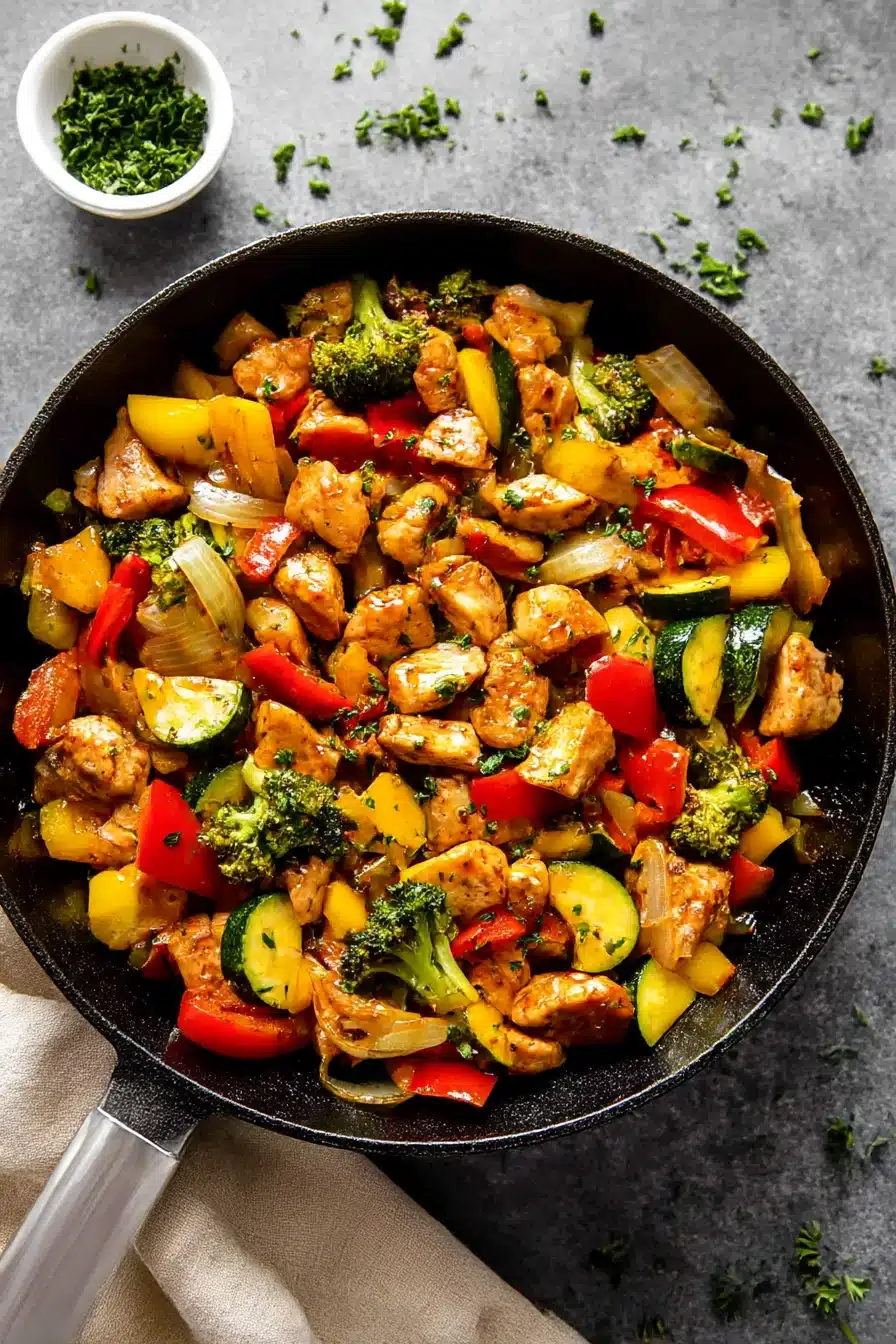 Colorful chicken and vegetables skillet with crispy seared chicken and sautéed veggies in a nonstick pan