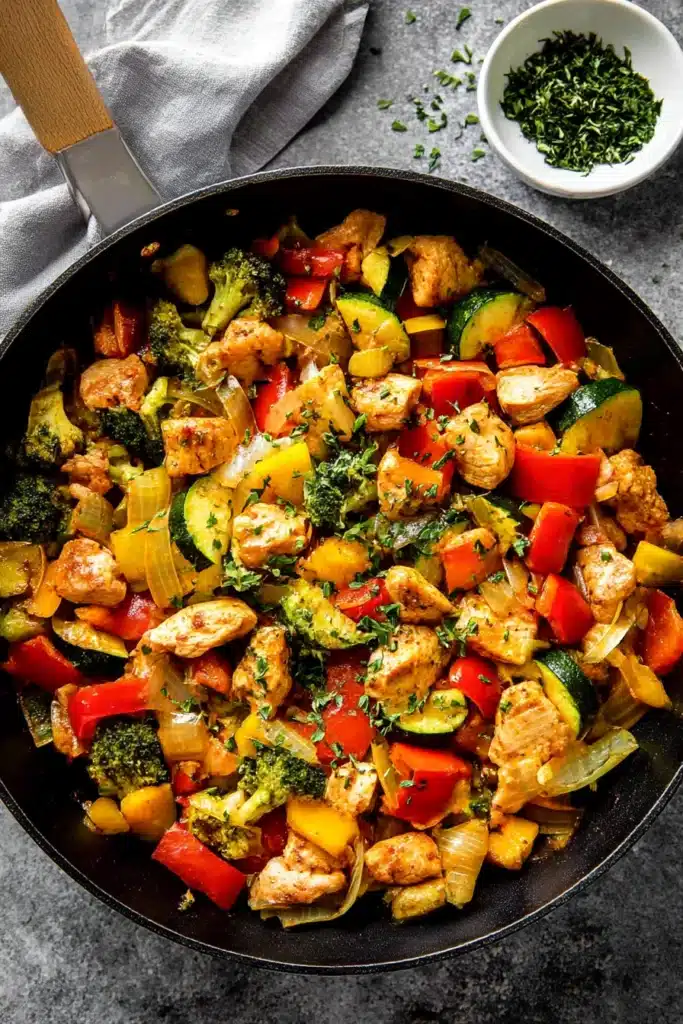 Chicken and Vegetables Skillet – Easy, Healthy One-Pan Dinner 17 Top-down view of chicken and vegetables skillet with seared chicken, sautéed peppers, broccoli, and zucchini in a black skillet