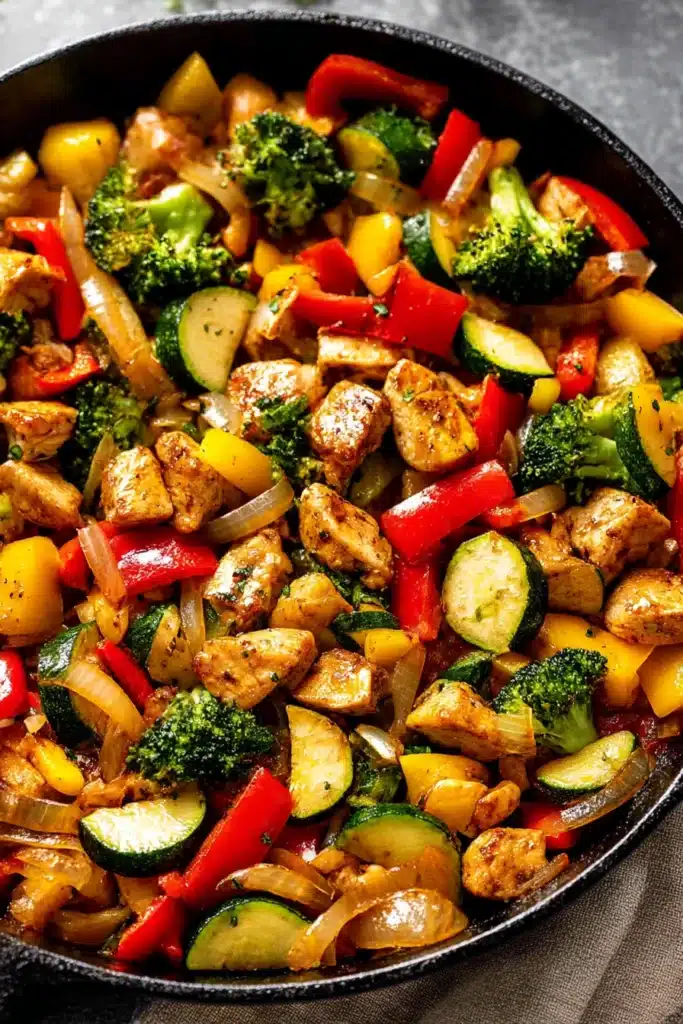 Close-up of chicken and vegetables skillet with seared chicken and colorful sautéed peppers, broccoli, and zucchini

