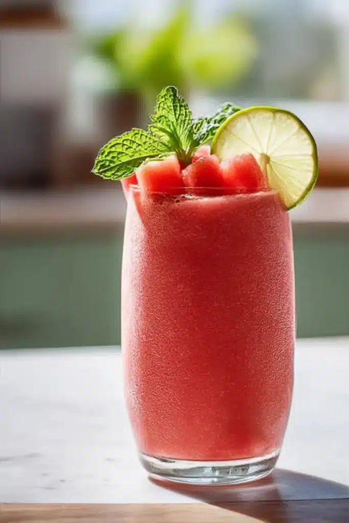Close-up of a watermelon smoothie in a glass topped with mint, lime, and watermelon cubes on a wooden table in a sunny kitchen.