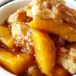 Fresh Peach Cobbler – Easy Homemade Summer Dessert 6 Close-up of a fresh peach cobbler with juicy peaches and golden biscuit topping in a white bowl