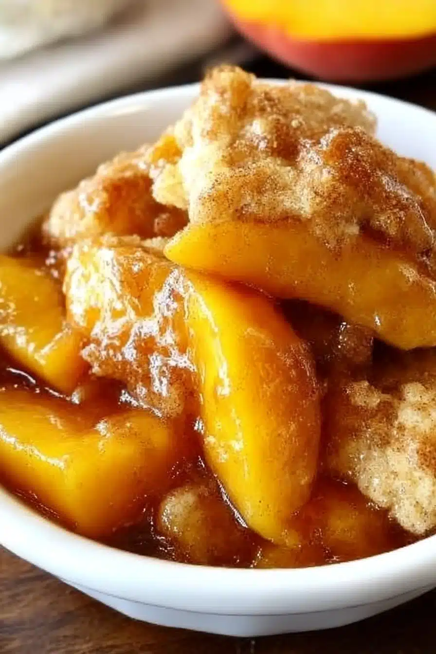 Close-up of a fresh peach cobbler with juicy peaches and golden biscuit topping in a white bowl