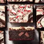 Peppermint Bark Brownies: Fudgy, Festive, and Easy to Make 7 Peppermint bark brownies with swirled chocolate topping and crushed candy canes, one turned to reveal fudgy chocolate interior.