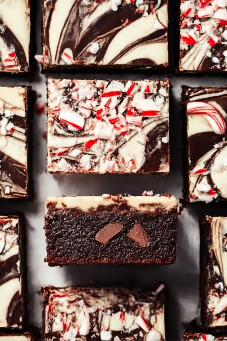 Peppermint bark brownies with swirled chocolate topping and crushed candy canes, one turned to reveal fudgy chocolate interior.
