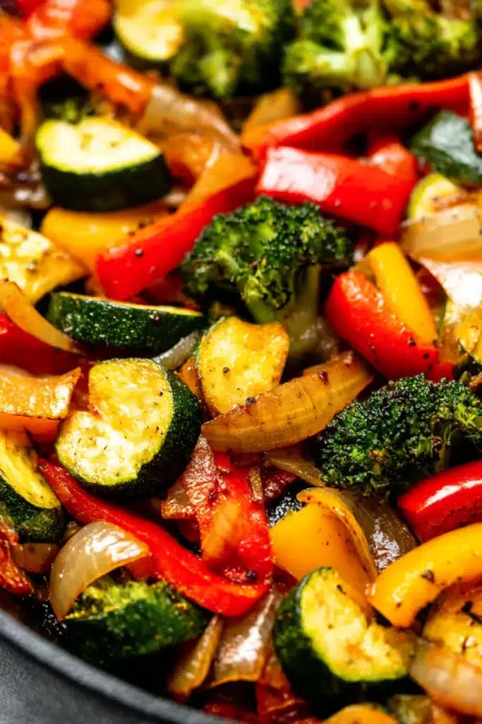 Chicken and Vegetables Skillet – Easy, Healthy One-Pan Dinner 16 Sautéed zucchini, bell peppers, broccoli, and onions in a skillet, glistening with olive oil and caramelized to perfection
