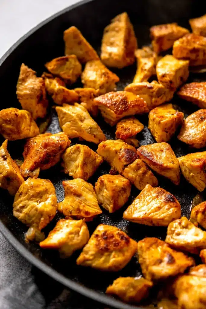 Chicken and Vegetables Skillet – Easy, Healthy One-Pan Dinner 15 Seared golden chicken breast pieces cooking in a skillet with crisp, caramelized edges