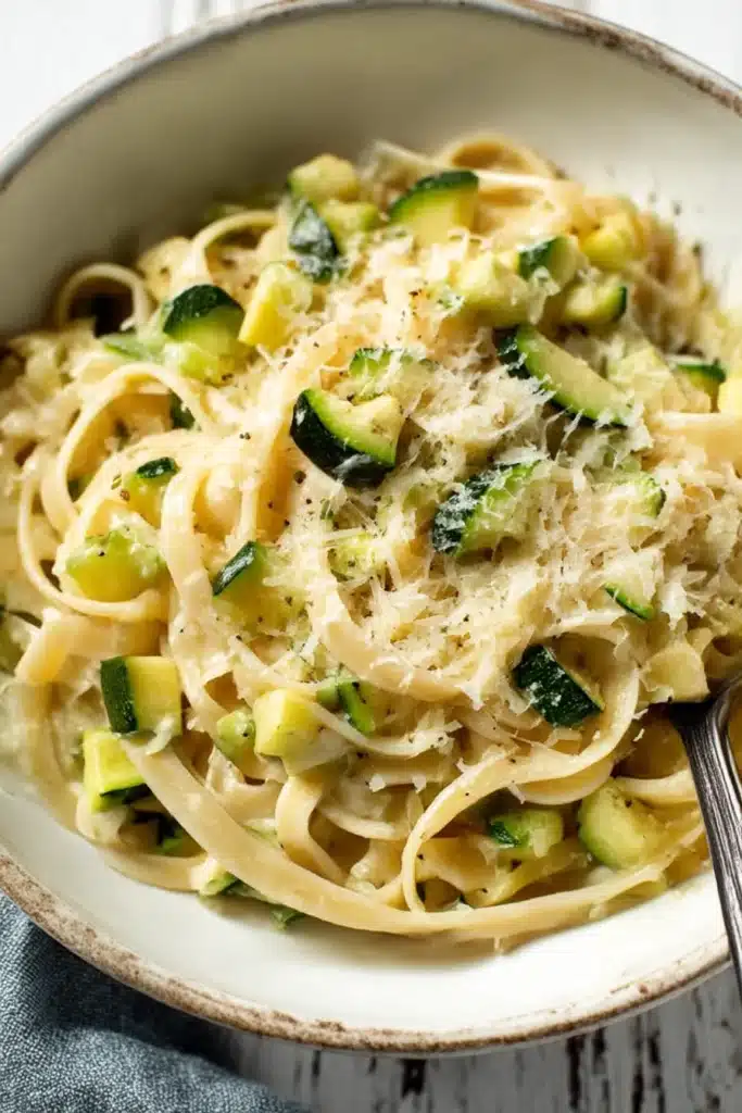 zucchini pasta sauce in a rustic bowl with parmesan and fork
