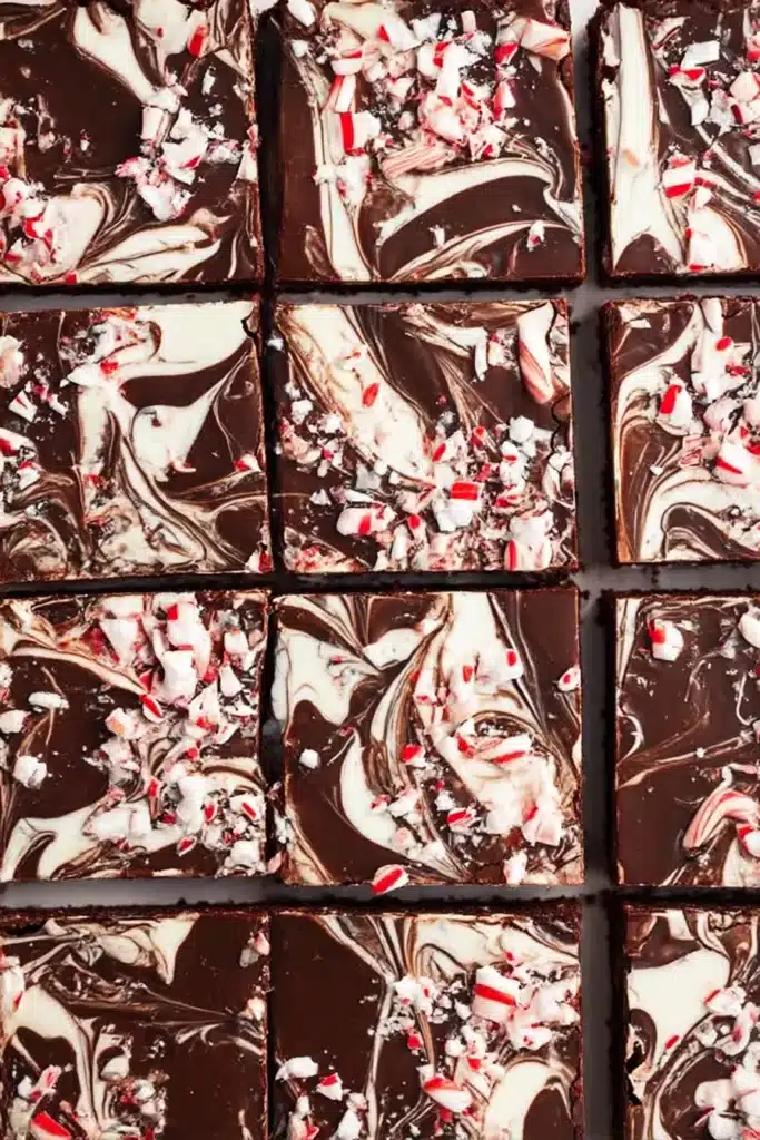 Peppermint Bark Brownies: Fudgy, Festive, and Easy to Make 6 Grid of peppermint bark brownies with swirled chocolate bark and crushed candy canes, cut into perfect squares.