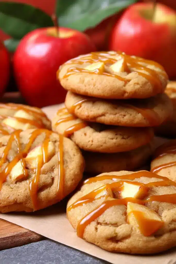Caramel Apple Cookies – Soft, Chewy & Amazingly Good Fall Treat 10 Pile of soft caramel apple cookies with drizzled caramel and apples, rustic background