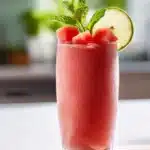 Watermelon Smoothie Recipe – Easy, Healthy, and Super Refreshing 5 Watermelon smoothie with mint, lime, and watermelon cubes in a tall glass, served on a summer-lit wooden table.