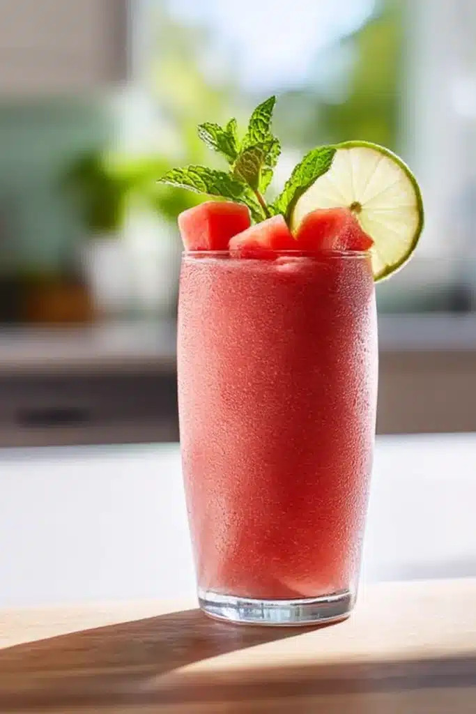 Watermelon smoothie with mint, lime, and watermelon cubes in a tall glass, served on a summer-lit wooden table.