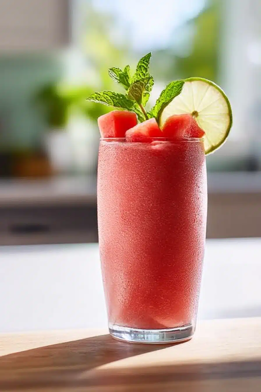 Watermelon smoothie with mint, lime, and watermelon cubes in a tall glass, served on a summer-lit wooden table.