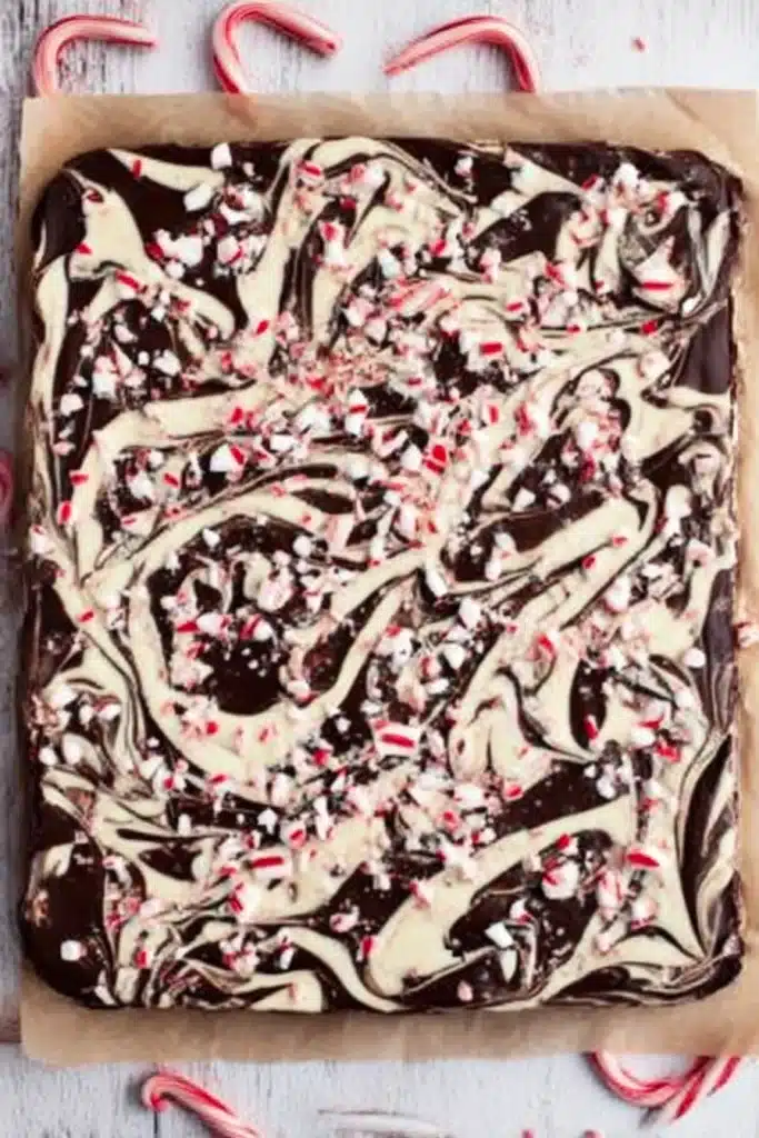 Peppermint Bark Brownies: Fudgy, Festive, and Easy to Make 5 Whole slab of peppermint bark brownies with swirled chocolate topping and crushed candy canes, on parchment paper.