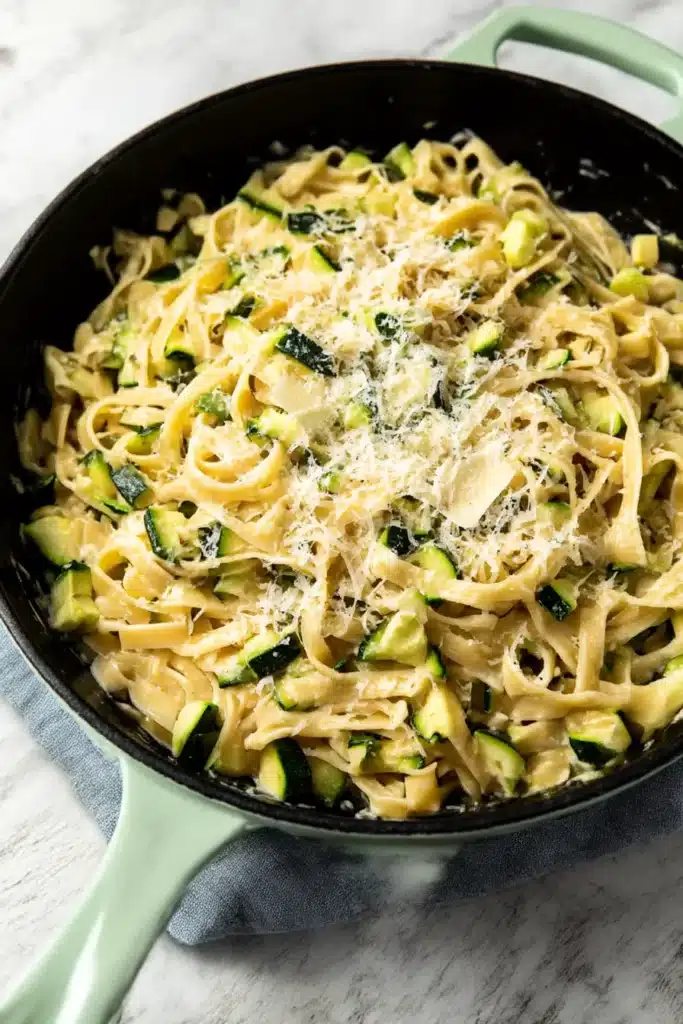 Zucchini pasta in a black skillet topped with parmesan cheese on marble surface

