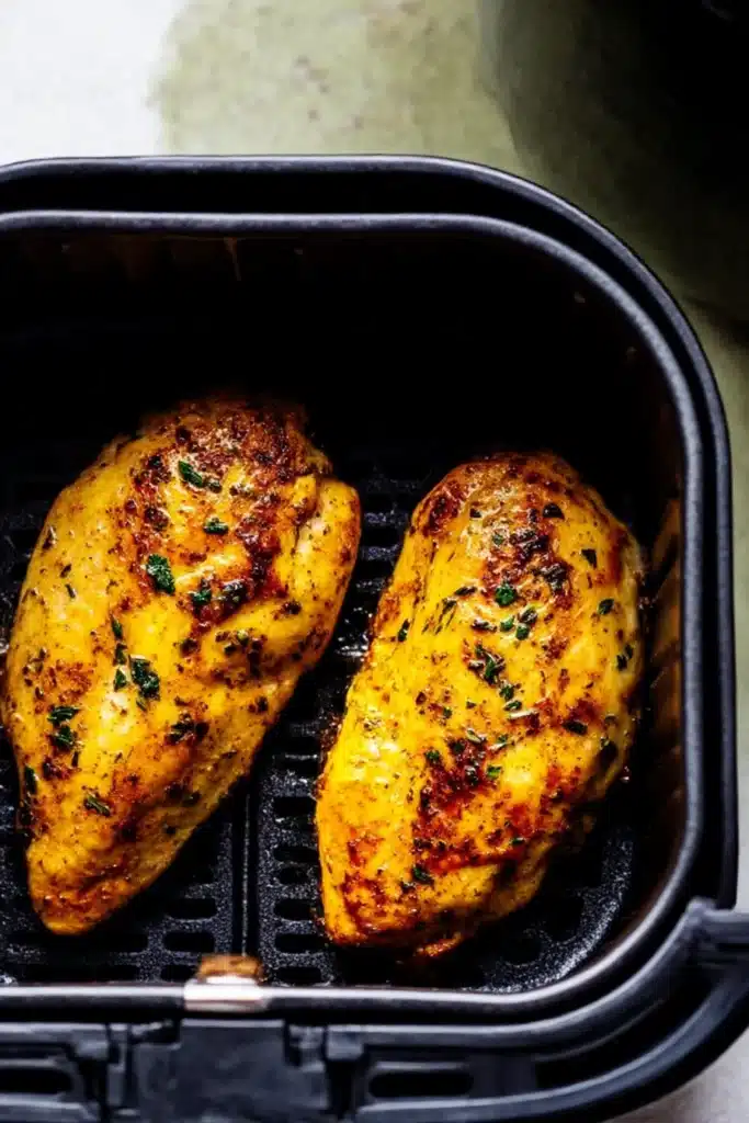 Seasoned chicken breasts cooking in air fryer basket with golden crispy edges

