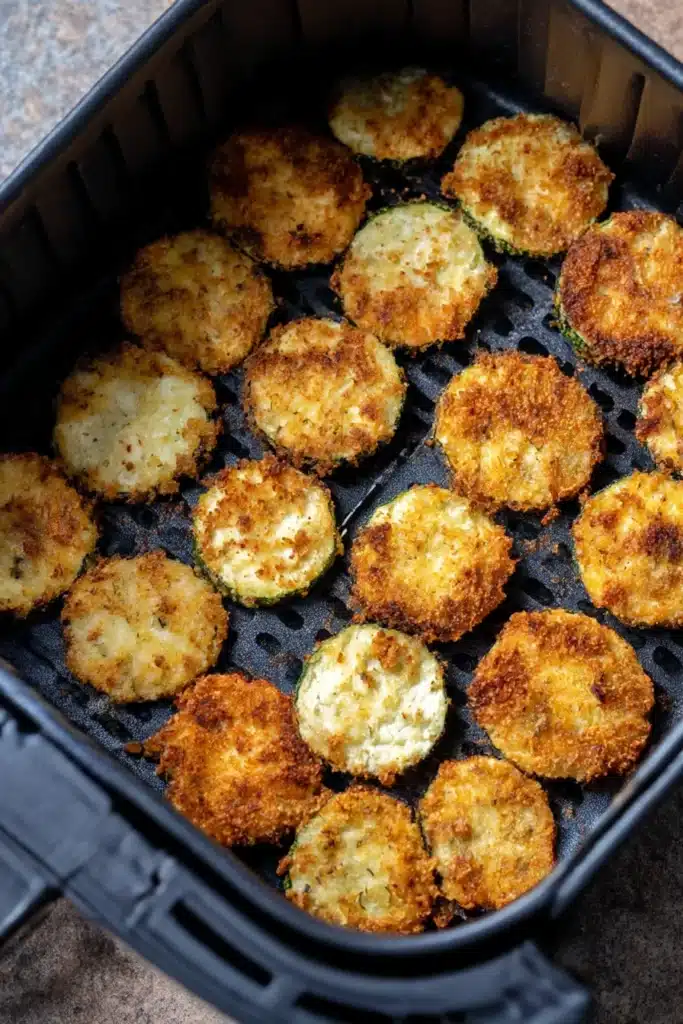 Crispy air fryer Parmesan zucchini chips in air fryer basket after cooking
