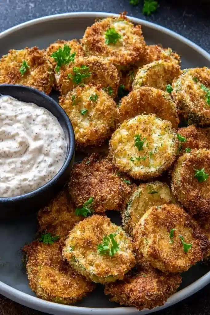 Crispy  air  fryer  Parmesan  zucchini  chips with  creamy  dip on  gray plate