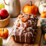 Glazed Amish Apple Fritter Bread loaf with caramelized apple topping on wooden board, surrounded by cozy fall decor.