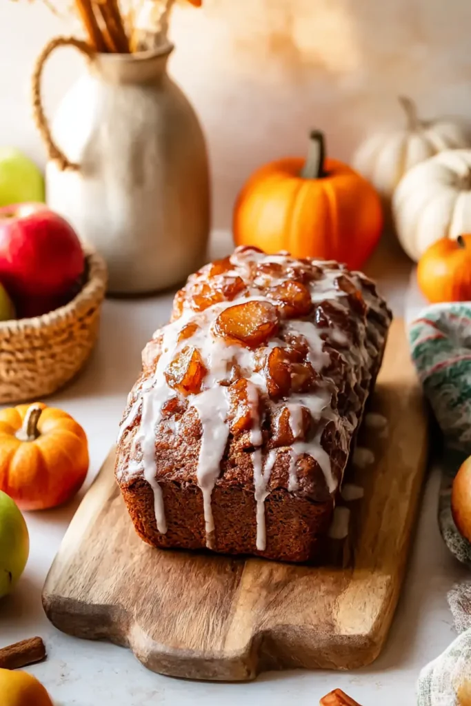 Glazed Amish Apple Fritter Bread loaf with caramelized apple topping on wooden board, surrounded by cozy fall decor.