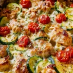 Mediterranean Chicken Zucchini Bake (Easy & Amazing Recipe) 7 Close-up of baked Mediterranean chicken zucchini casserole with roasted tomatoes, zucchini, and golden melted cheese in a ceramic dish.