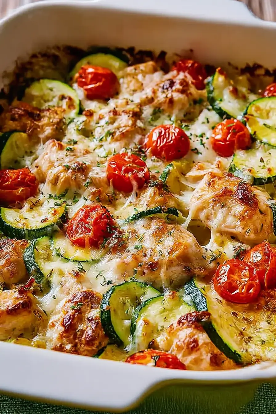 Close-up of baked Mediterranean chicken zucchini casserole with roasted tomatoes, zucchini, and golden melted cheese in a ceramic dish.