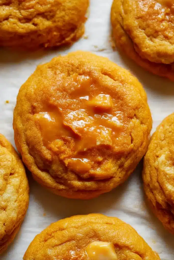 Pumpkin Cheesecake Cookies – Soft, Creamy & Irresistible 11 Close-up of soft baked pumpkin cheesecake cookie with gooey top