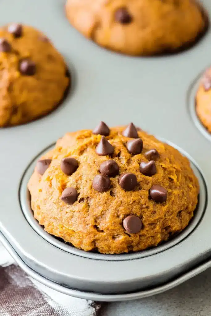 Freshly baked pumpkin chocolate chip muffin in a metal muffin pan with melty chocolate chips.

