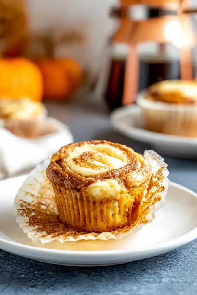 Pumpkin cream cheese muffin with a creamy swirl and one peeled-back liner on a white plate

