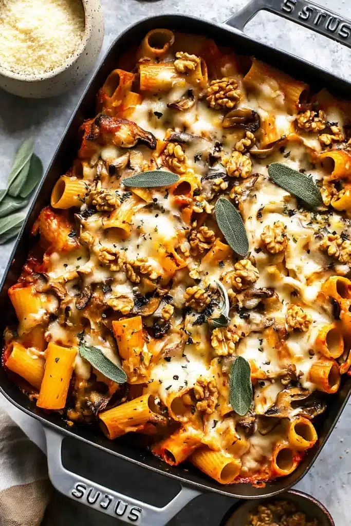 Close-up of cheesy pumpkin pasta bake with mushrooms, toasted walnuts, and sage in a black baking dish