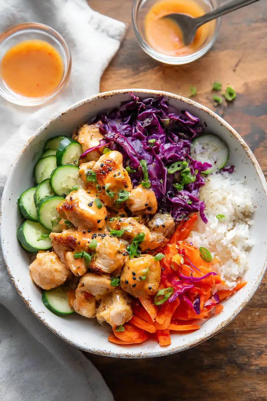 Bang Bang Chicken Bowls with crispy chicken, sautéed carrots, red cabbage, cucumber, jasmine rice, green onion, sesame seeds