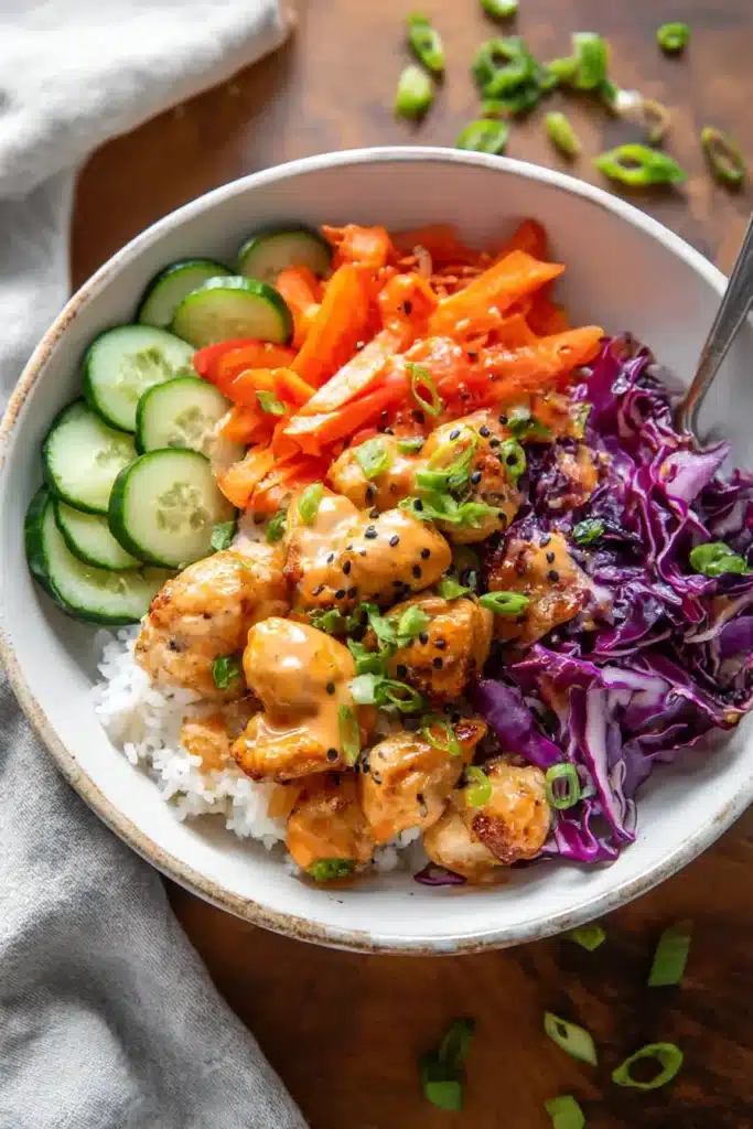 Bang Bang Chicken Bowls | Quick & Easy Dinner Idea 7 Bang Bang Chicken Bowls served with crispy chicken, sautéed cabbage and carrots, cucumber, rice, and sesame seeds
