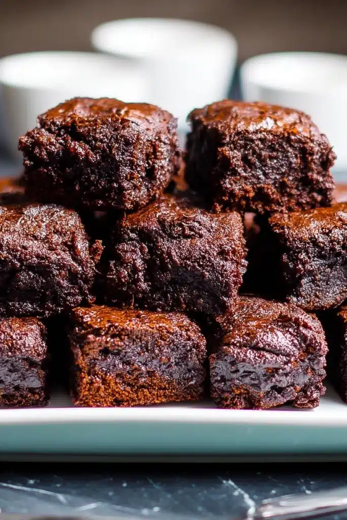 Plate of zucchini brownies with glossy tops and moist chocolate texture