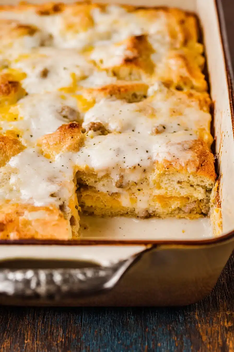 Southern-style biscuits and gravy breakfast casserole in a ceramic dish, topped with creamy sausage gravy and melted cheese