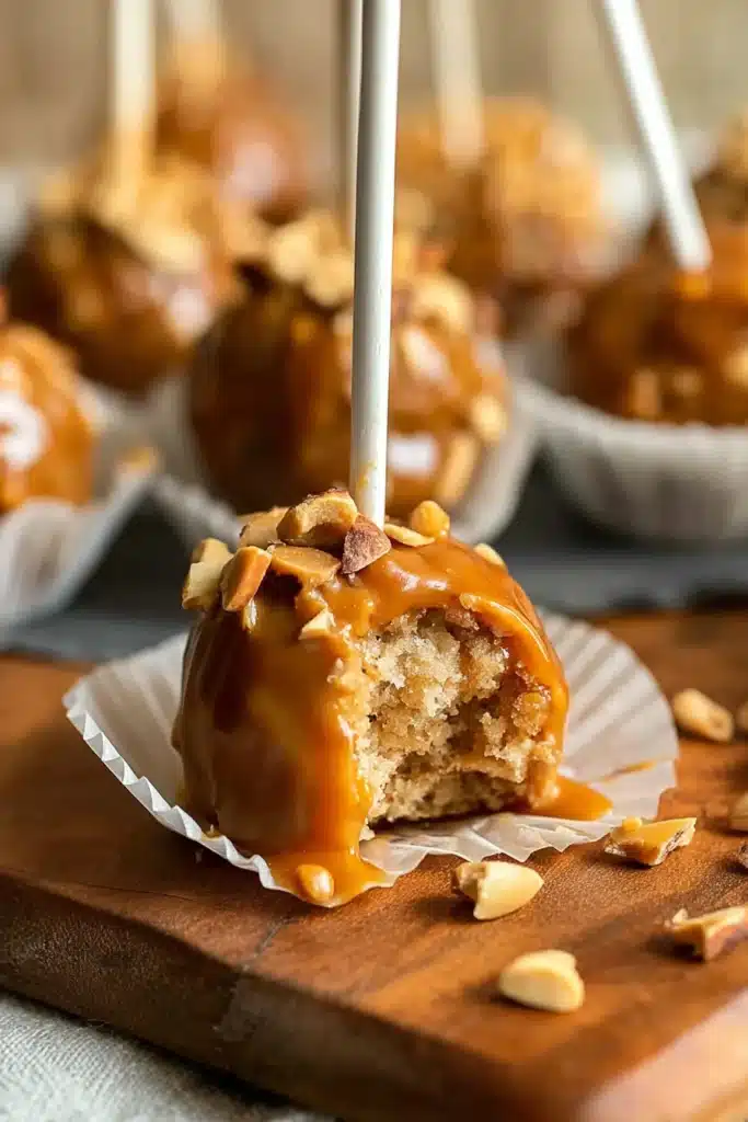 Caramel Apple Donut Cake Pop with a bite showing soft donut interior and peanut coating