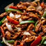 Black Pepper Chicken | Quick, Better Than Takeout Flavor 11 Black pepper chicken stir-fry with colorful bell peppers and onions in a glossy wok