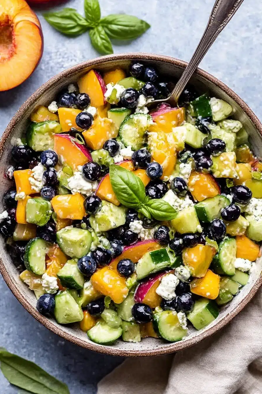 Blueberry Peach Feta Salad with fresh cucumbers, basil, and lemon vinaigrette in a rustic bowl