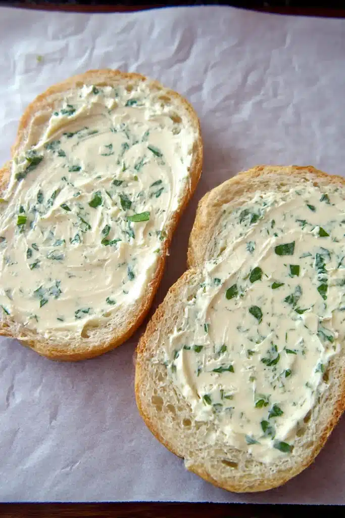 Two slices of bread spread with creamy garlic herb butter on parchment paper, ready for making grilled cheese.