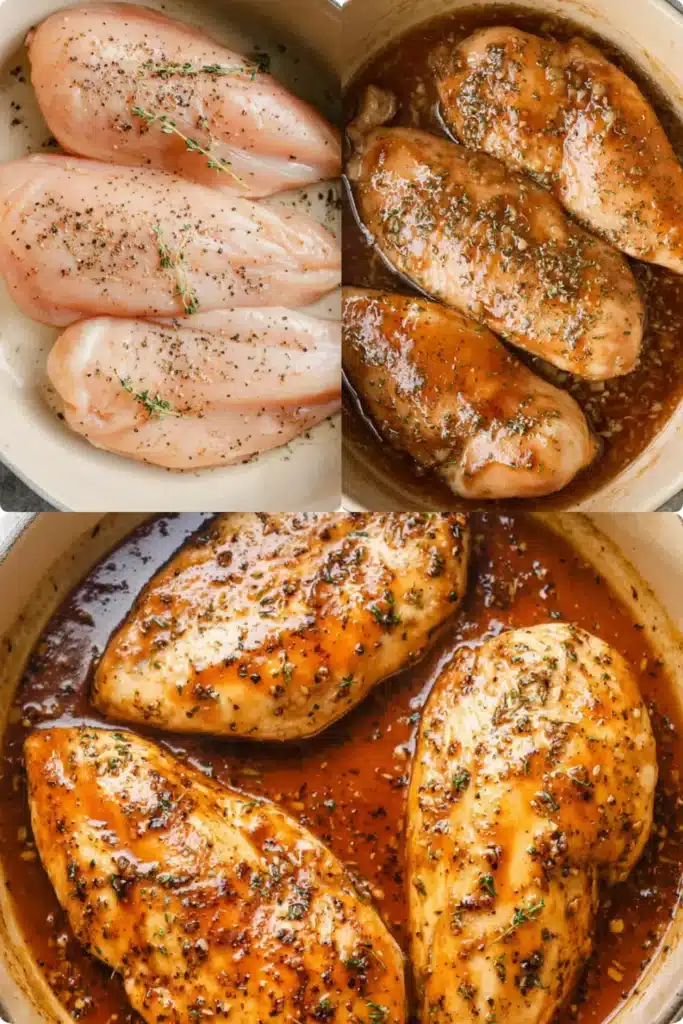 Step-by-step collage showing raw seasoned chicken, sauced chicken, and fully baked brown sugar garlic chicken in a round beige baking dish